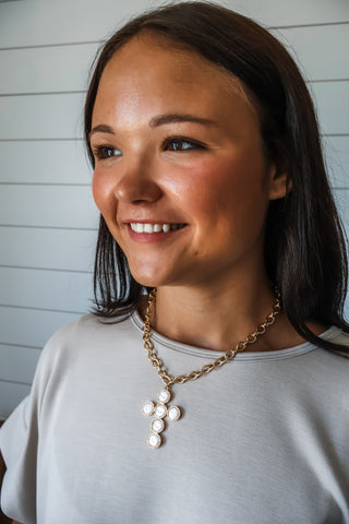 Good Graces Pearl Cross Necklace • White