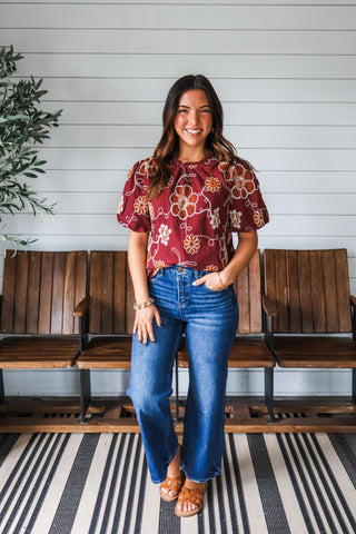 Fall In Bloom Embroidered Top • Wine