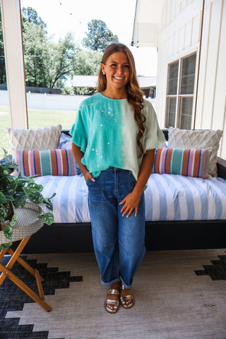 Sun-Drenched Dip Dye Linen Top • Seafoam