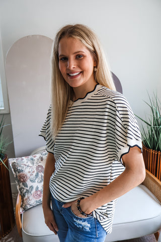 Stripe-aholic Scallop Top • Cream