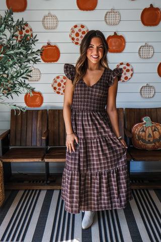 Fireside Plaid Smocked Midi • Dark Chocolate