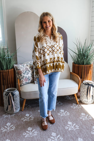 Fall Frenzy 26 • Mustard Print Dolman Blouse  - FINAL SALE