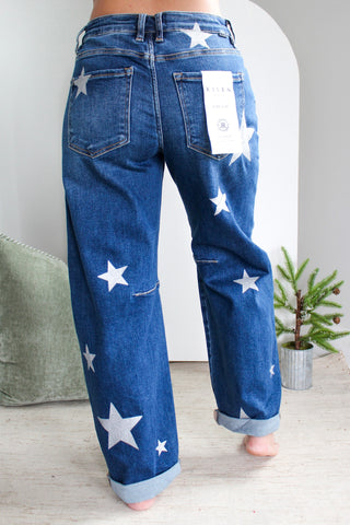 Lainey Star Print Barrel Leg • Medium Wash
