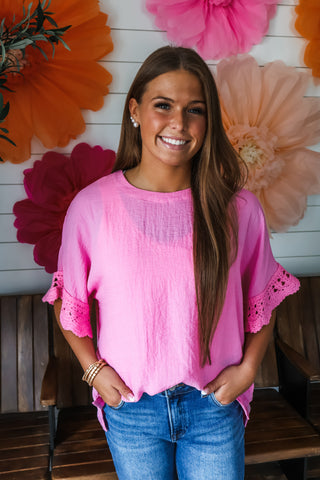 Carmen Crochet Sleeve Top • Pink