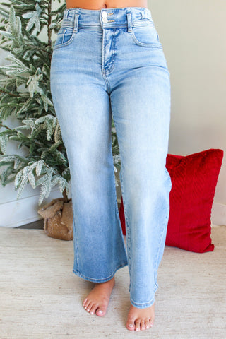 Braylon Bow Waist Wide Leg | Tummy Control • Light Wash