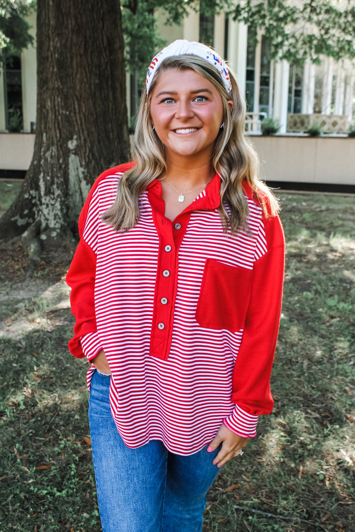 Red Is My Favorite Color Striped Pullover