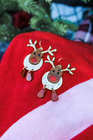 Red-Nosed Reindeer Earrings • Gold
