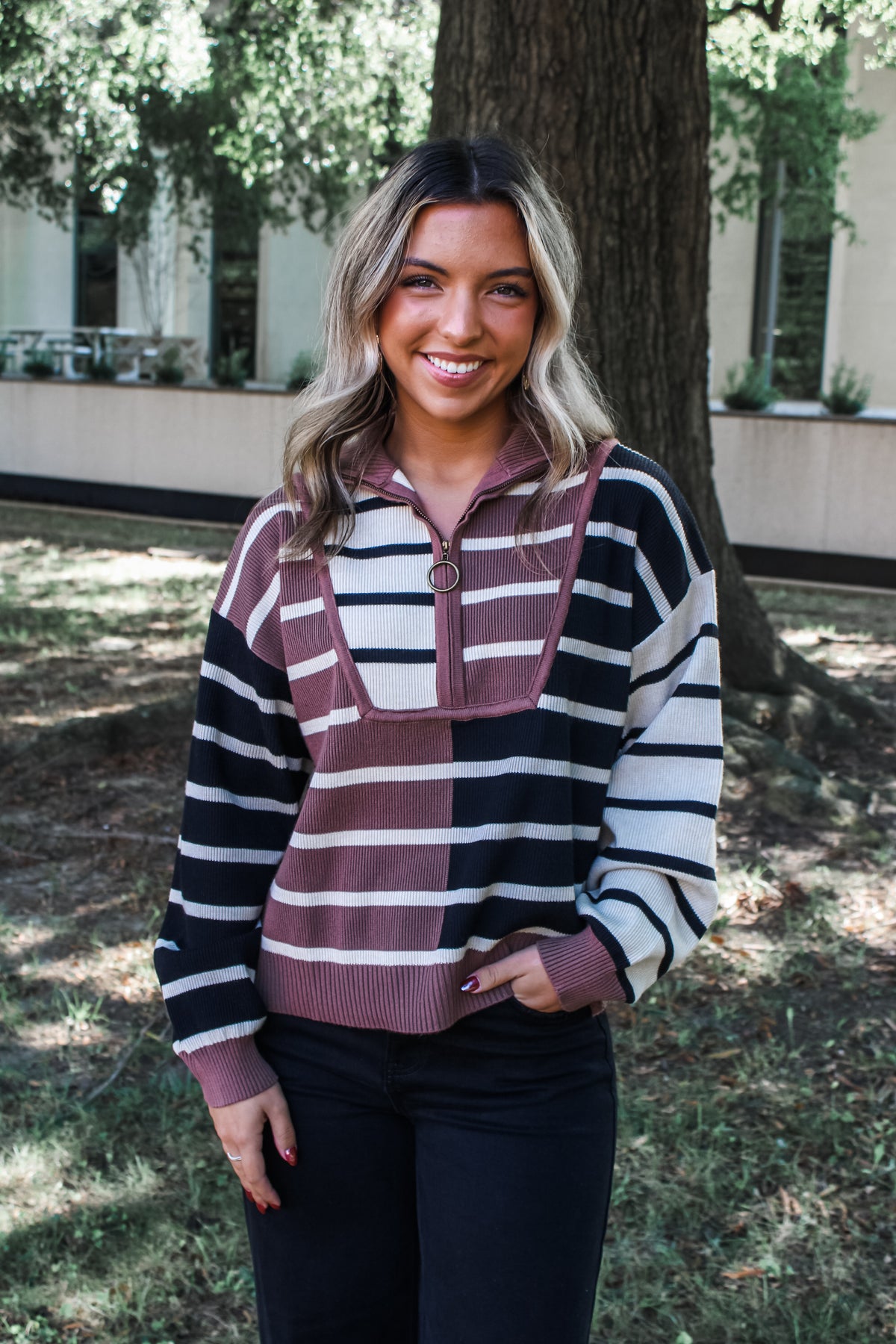 Parker Stripe Half Zip • Mocha/Black