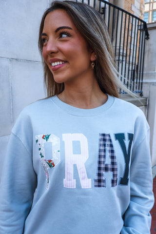 Pray Printed Patchwork Pullover • Frost Blue