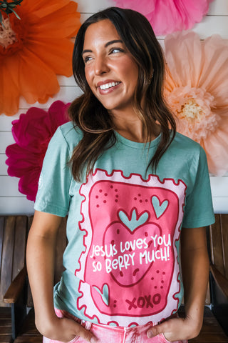 Jesus Loves You Berry Much Graphic Tee • Sage