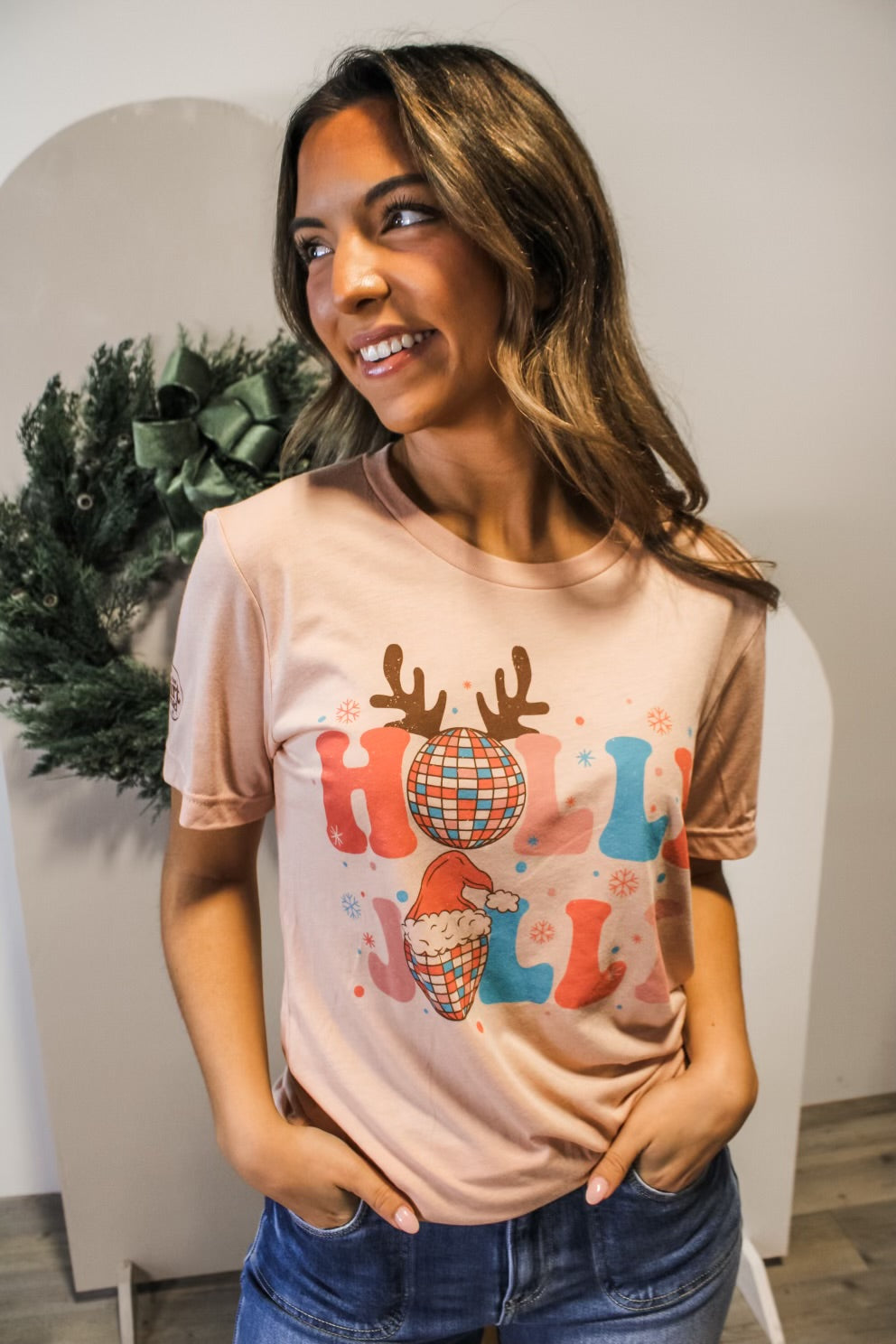 Holly Jolly Disco Christmas Graphic Tee • Peach