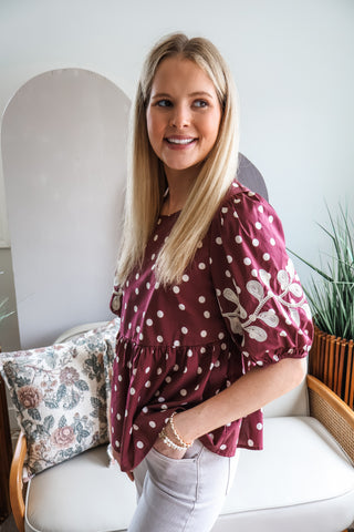 Sedona Sunset Peplum Top • Merlot