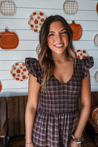 Fireside Plaid Smocked Midi • Dark Chocolate