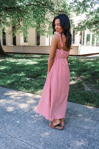Daytime Social Striped Midi • Tomato