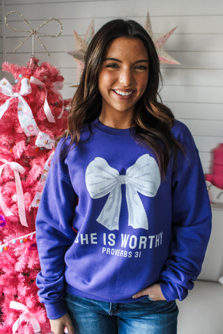 She Is Worthy Graphic Sweatshirt • Purple