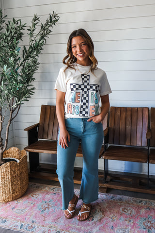 He Is Risen Checkered Cross Graphic Tee • Cream
