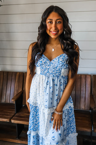 Feminine Frills Ruffle Midi • Blue Floral