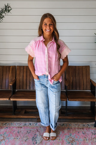 Charming Combination Gingham Top • Pink