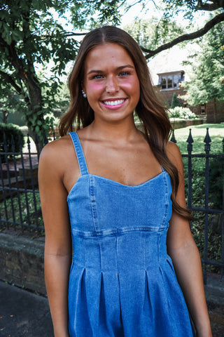 Denim Sweetheart Pleated Midi • Medium Wash