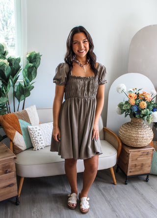 All Dolled Up Ruffle Dress • Taupe