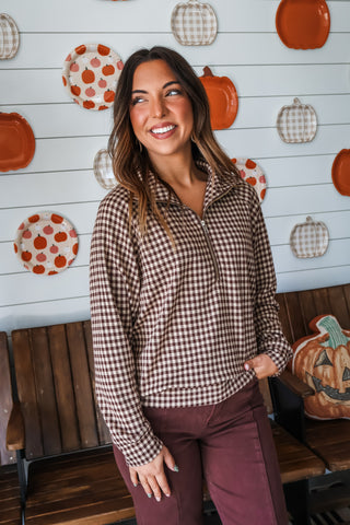 Gingham & Grace Half Zip • Chocolate