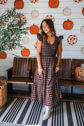 Fireside Plaid Smocked Midi • Dark Chocolate