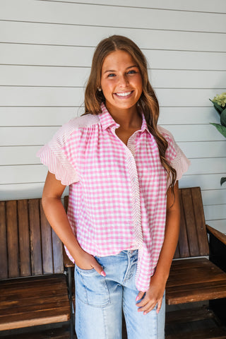 Charming Combination Gingham Top • Pink
