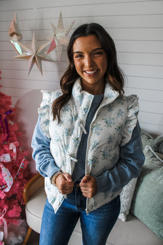 Floral Fancy Ruffle Vest • Ivory/Blue