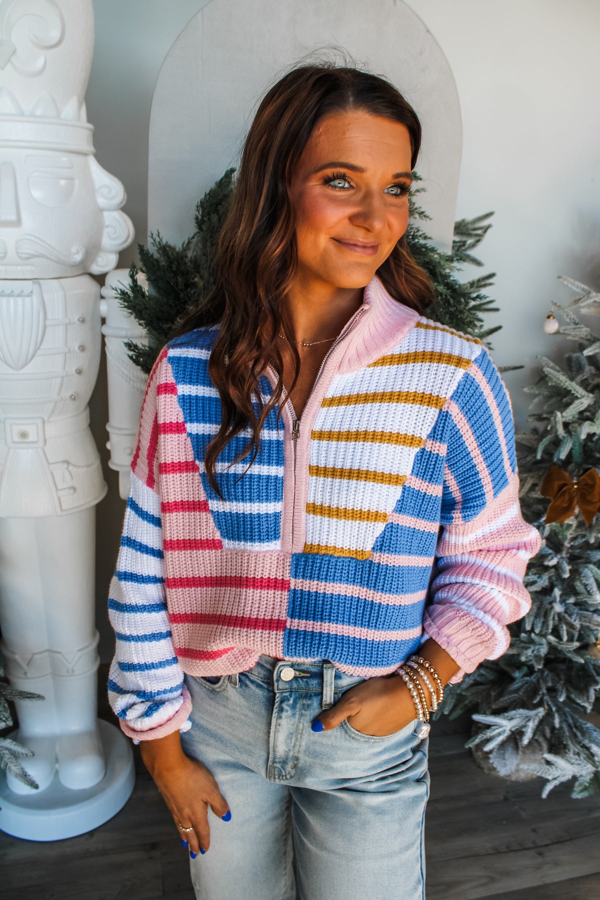 Fun & Festive Half Zip • Pink Stripe