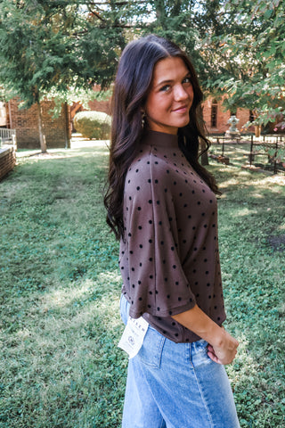 Dotted Dolman Mock Neck Top • Brown