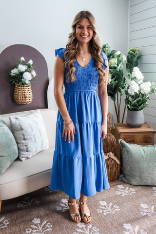 Smocked & Sweet Ruffle Midi • Blue