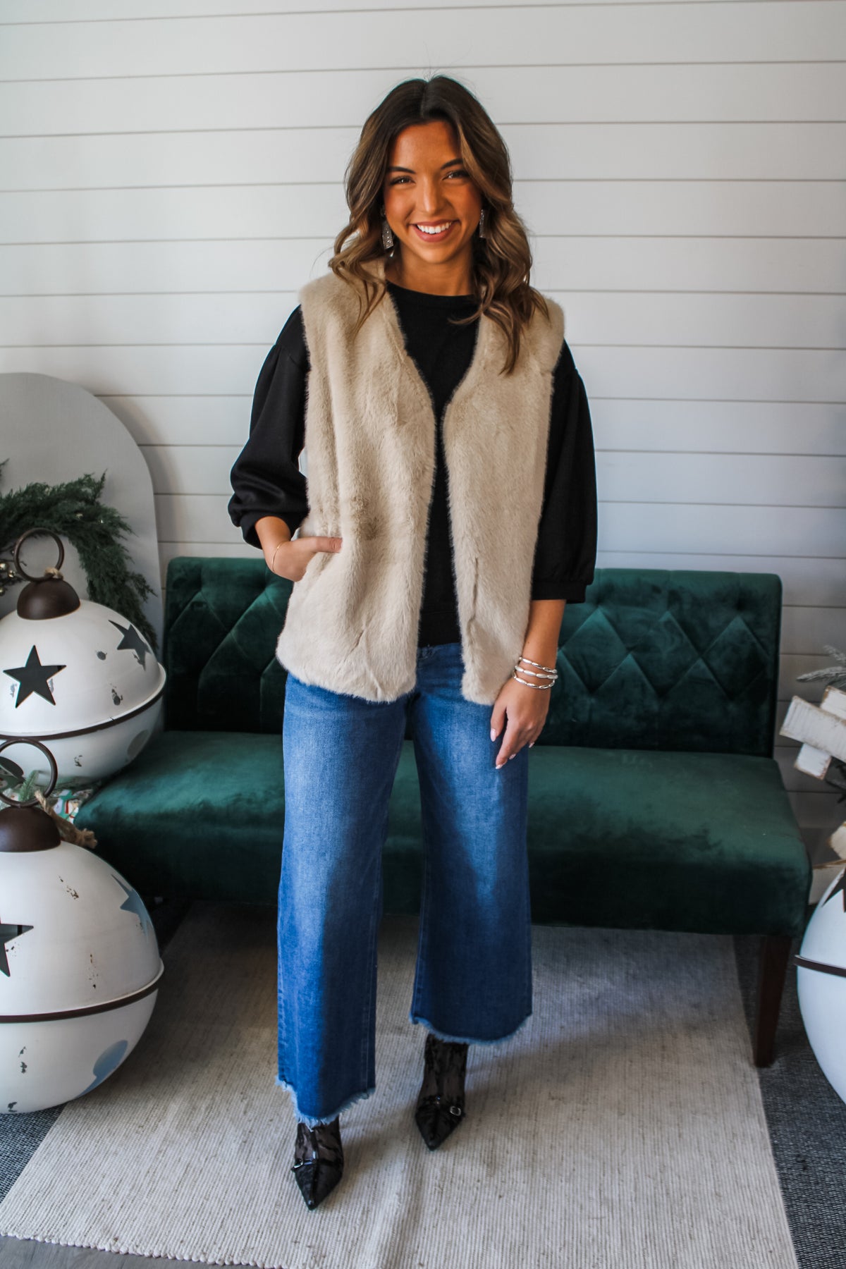 Talk Of The Town Faux Fur Vest • Beige