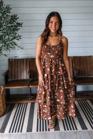 Fall Romance Ruffle Midi • Brown Floral
