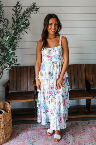 Precious Petals Ruffle Midi • White Floral - FINAL SALE