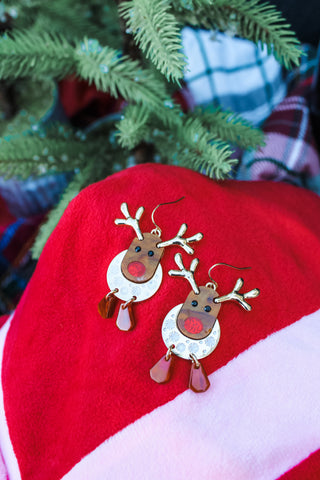 Red-Nosed Reindeer Earrings • Gold