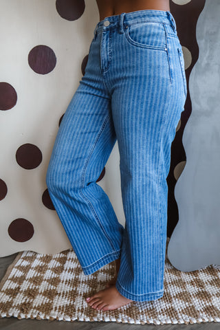 Isabella Pinstripe Straight | Tummy Control • Medium Wash