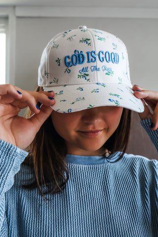 God Is Good Baseball Cap • White Floral