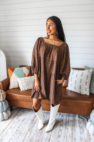 Plaid Season Pocket Dress • Brown