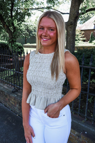 Feminine & Flirty Smocked Top • Olive Stripe