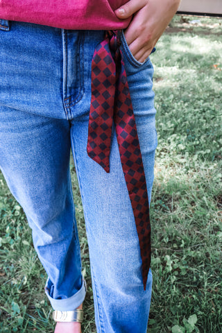 Checkered Charm Skinny Scarf • Black/Burgundy
