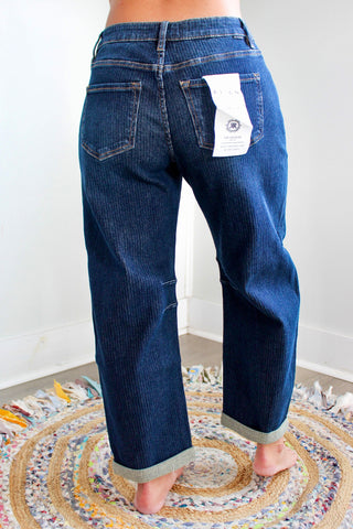 Rocelyn Pinstripe Barrel Jean • Dark Wash