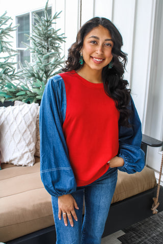 Christmas Cabin Denim Top • Red - FINAL SALE