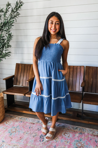Lovely In Lace Pocket Dress • Dusty Blue