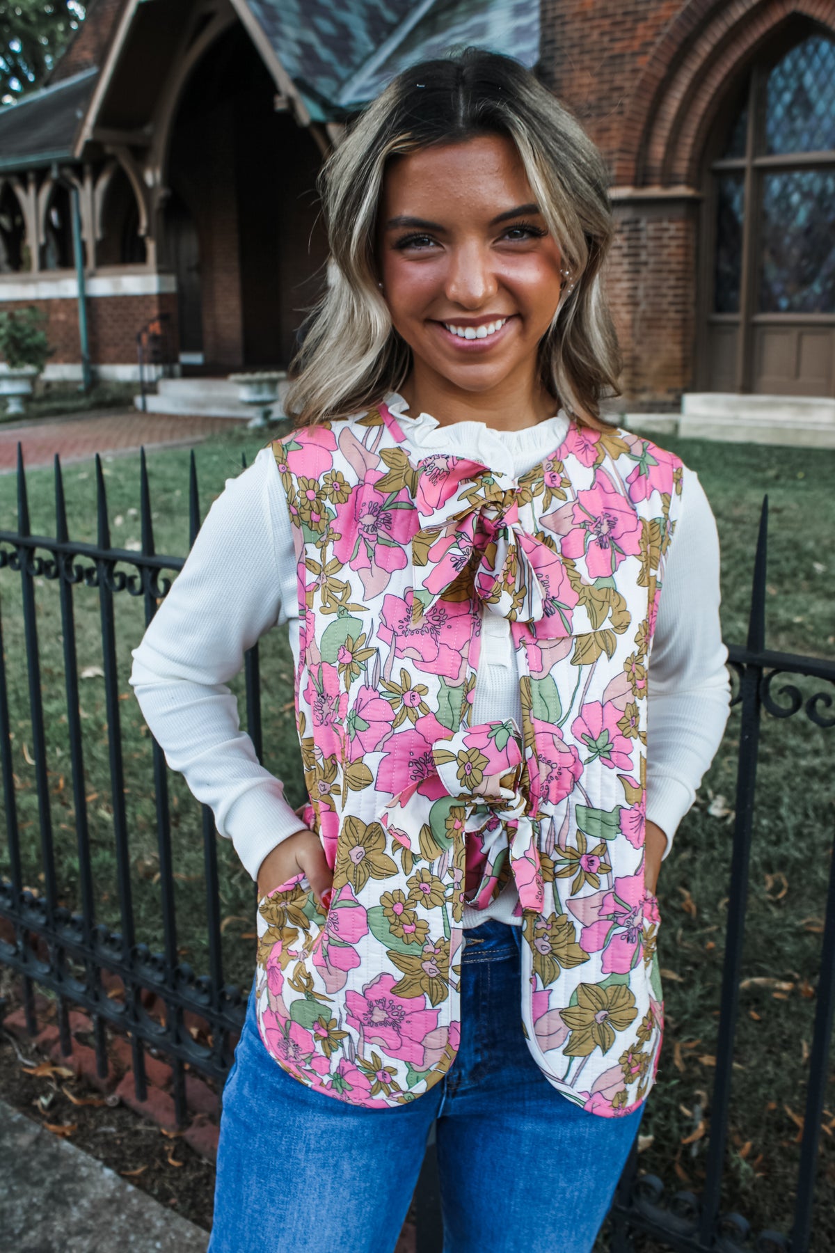 Olivia Quilted Ribbon Tie Vest • Pink Floral