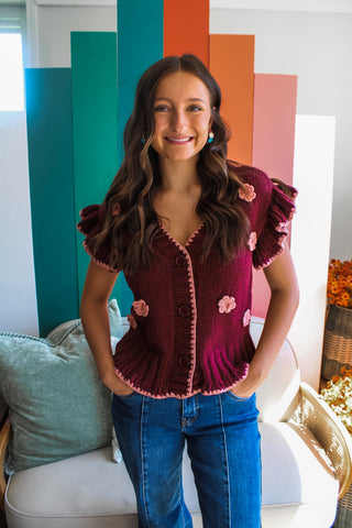 Counting Daisies Crochet Sweater • Wine - FINAL SALE