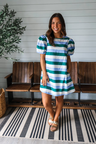 Striped Social Pocket Dress • Green Mix