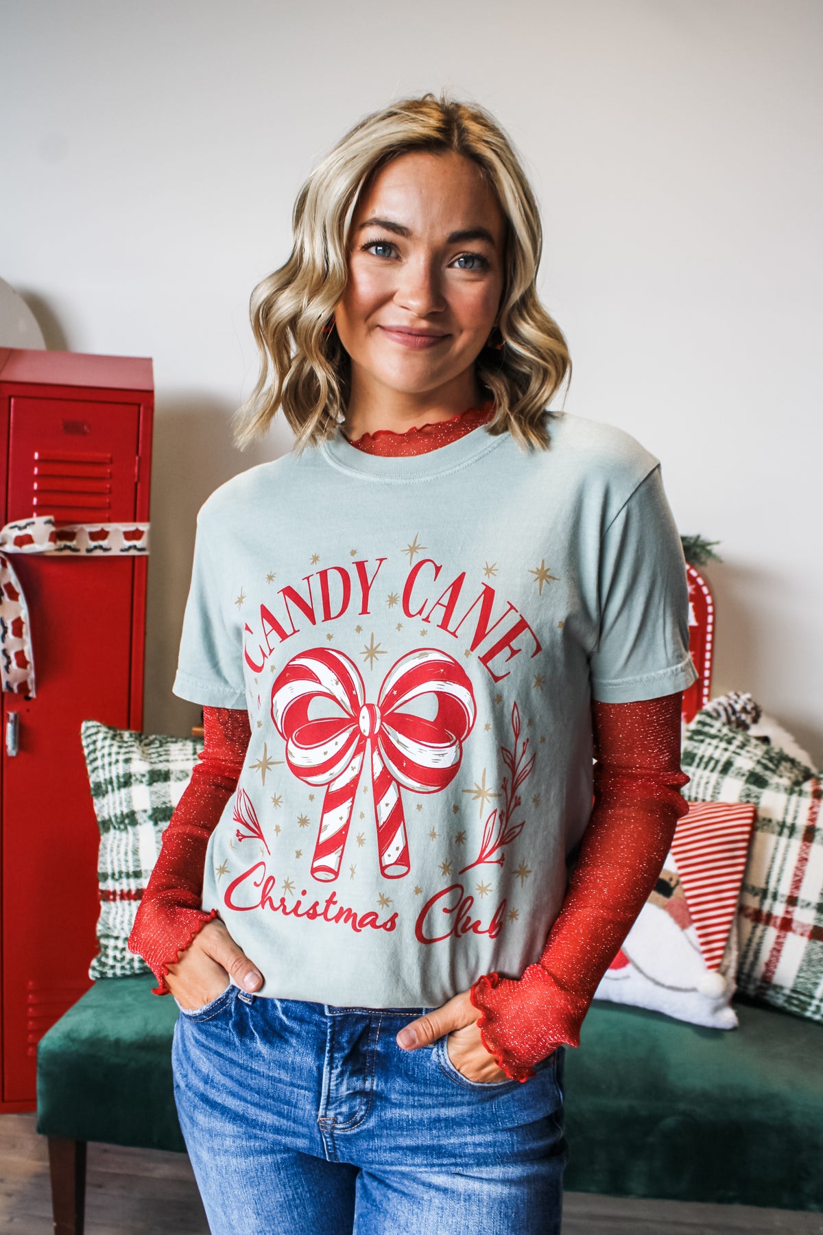 Candy Cane Christmas Club Graphic Tee • Sage