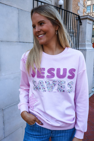Jesus Saves Patchwork Pullover • Pink