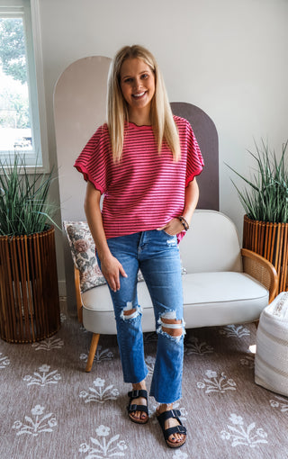 Stripe-aholic Scallop Top • Pink