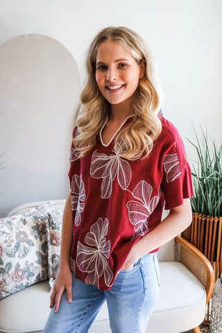 Fall Frenzy 27 • Wine Floral Embroidered Top - FINAL SALE